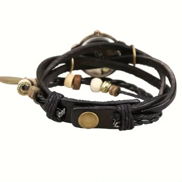 Retro Boho Vibe Faux Leather Beaded Feathered Detail Bracelet Watch. NWOT - Picture 3 of 4